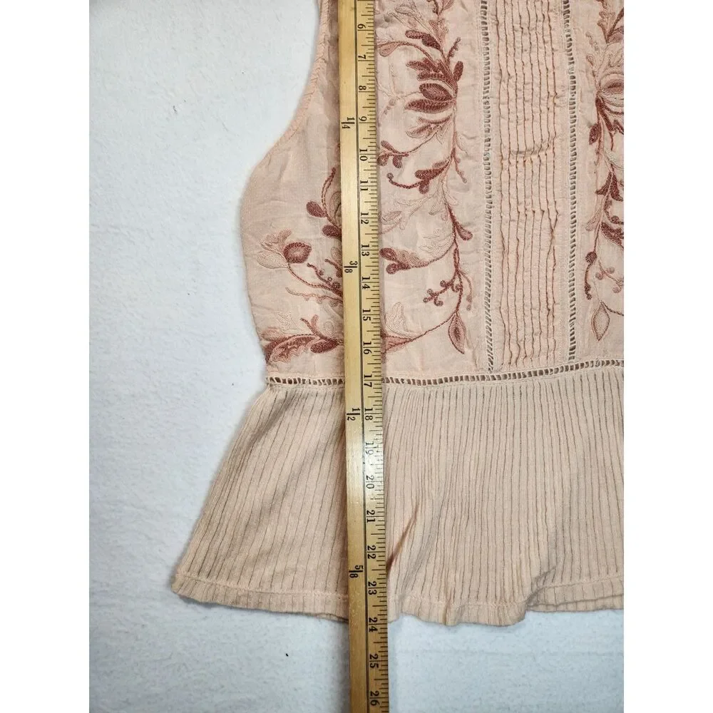 Lucky Brand Embroidered Peplum Tank Top Blush Pink Boho Pintuck Sleeveless XL